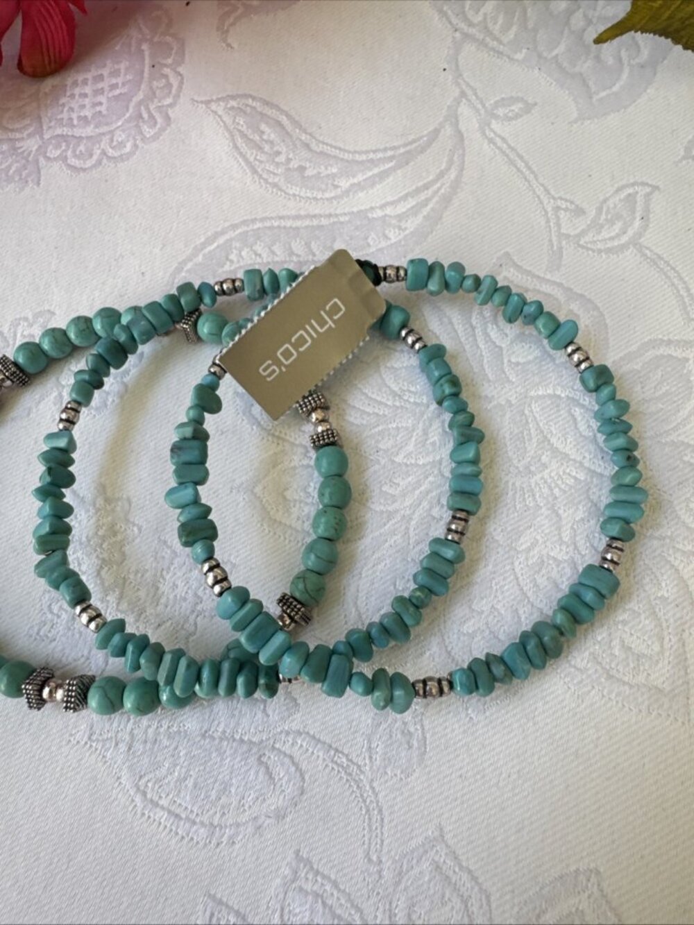 Chico's 3 Piece Thin Turquoise Blue Bead Bracelet Bangle Stackable SET NEW - Picture 4 of 6